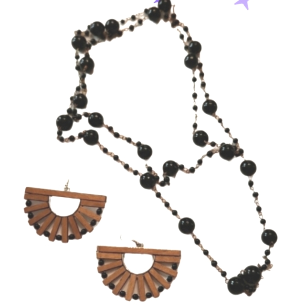 Vintage black beads and wood fan earrings new
